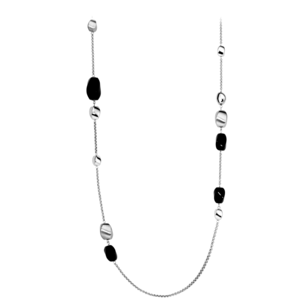 Fossil Two Tone 33 inch Opera Statement Necklace black beads Silvertone‎ new nib